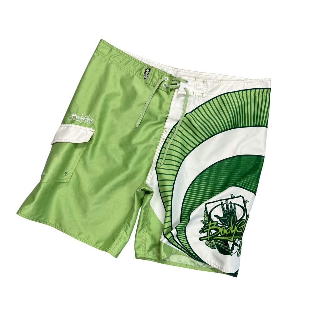 Vintage Y2K Body Glove Mens Board Shorts Green White Embroidered Swim Trunks 40‎